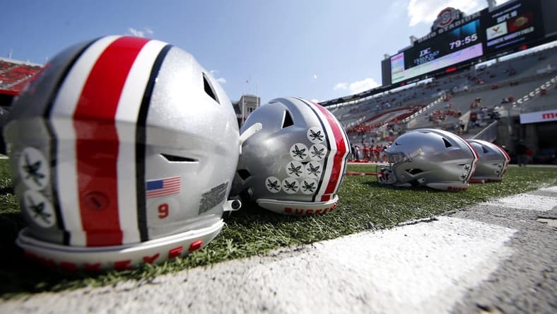 Sep 18, 2021; Columbus, Ohio, USA; Ohio State Buckeyes helmets before the game against the Tulsa Golden Hurricane at Ohio Stadium. Mandatory Credit: Joseph Maiorana-USA TODAY Sports
