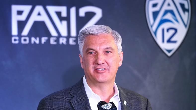 Oct 13, 2021; San Francisco, CA, USA; Pac-12 commissioner George Kliavkoff speaks to the media during the Pac-12 men   s basketball media day. Mandatory Credit: Kelley L Cox-USA TODAY Sports