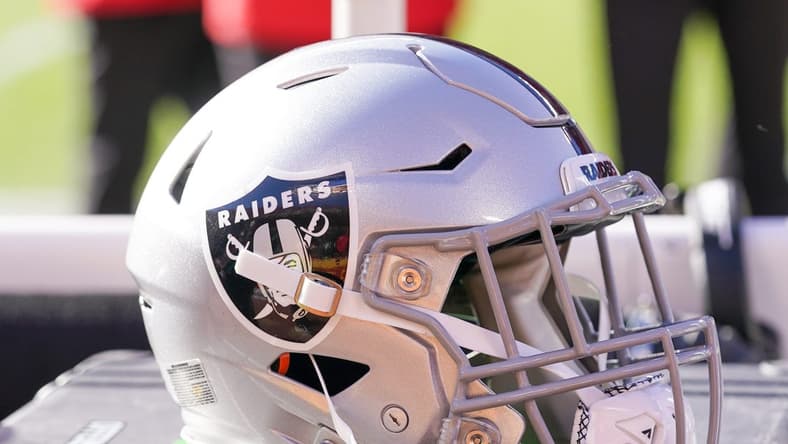 Dec 12, 2021; Kansas City, Missouri, USA; A general view of a Las Vegas Raiders helmet against the Kansas City Chiefs during the first half at GEHA Field at Arrowhead Stadium. Mandatory Credit: Denny Medley-USA TODAY Sports