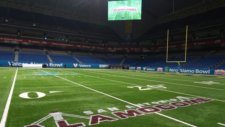 Dec 29, 2021; San Antonio, Texas, USA; A general overall view of the Alamodome logo before the 2021 Alamo Bowl between the Oregon Ducks and the Oklahoma Sooners. Mandatory Credit: Kirby Lee-USA TODAY Sports