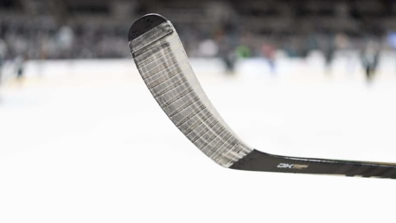 Jan 13, 2022; San Jose, California, USA;  General view of a hockey stick before the start of the first period between the San Jose Sharks and the New York Rangers at SAP Center at San Jose. Mandatory Credit: Stan Szeto-USA TODAY Sports