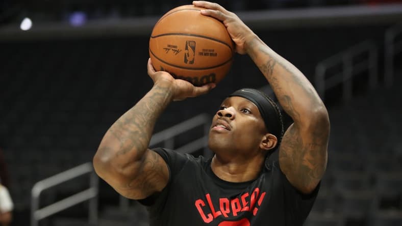 Feb 3, 2022; Los Angeles, California, USA; Los Angeles Clippers guard Eric Bledsoe (12) warms up before the game against the Los Angeles Lakers at Crypto.com Arena. Mandatory Credit: Kiyoshi Mio-USA TODAY Sports