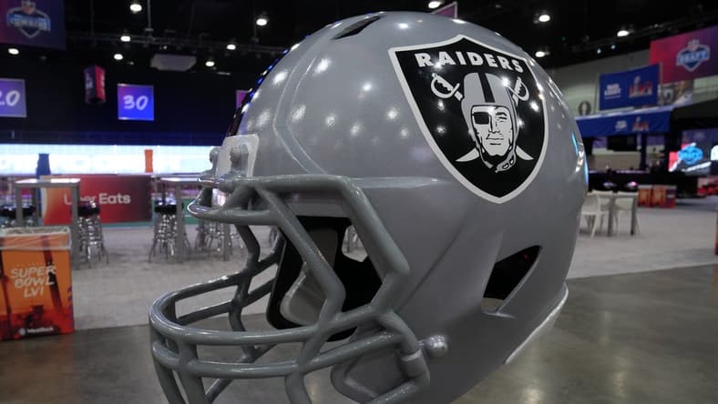 Feb 9, 2022; Los Angeles, CA, USA; A Las Vegas Raiders helmet is seen at the Super Bowl LVI Experience at the Los Angeles Convention Center. Mandatory Credit: Kirby Lee-USA TODAY Sports
