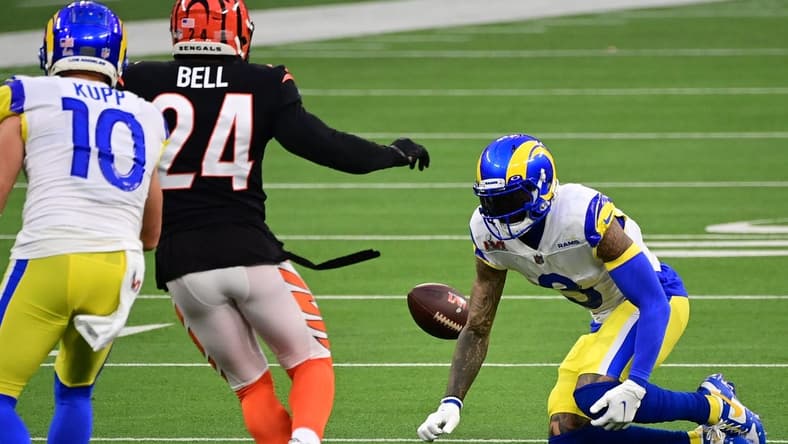 Feb 13, 2022; Inglewood, California, USA; Los Angeles Rams receiver Odell Beckham Jr. (3) grabs his left knee in the second quarter against the Cincinnati Bengals in Super Bowl LVI at SoFi Stadium. Mandatory Credit: Gary A. Vasquez-USA TODAY Sports