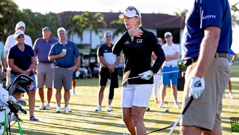 Annika Sorenstam talks technique during a charity golf clinic presented by Jack Nicklaus, Sorenstam and Ernie Els at PGA National in Palm Beach Gardens Monday, October 4, 2021.