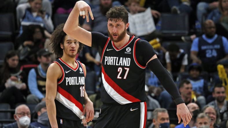 Feb 16, 2022; Memphis, Tennessee, USA; Portland Trail Blazers center Jusuf Nurkic (27) reacts after a basket during the second half against the Memphis Grizzles at FedExForum. Mandatory Credit: Petre Thomas-USA TODAY Sports