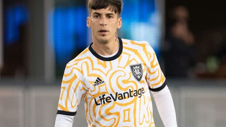 September 15, 2021; San Jose, California, USA; Real Salt Lake forward Jonathan Menendez (10) before the match against the San Jose Earthquakes at PayPal Park. Mandatory Credit: Kyle Terada-USA TODAY Sports