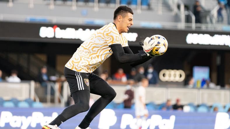 September 15, 2021; San Jose, California, USA; Real Salt Lake goalkeeper David Ochoa (1) before the match against the San Jose Earthquakes at PayPal Park. Mandatory Credit: Kyle Terada-USA TODAY Sports