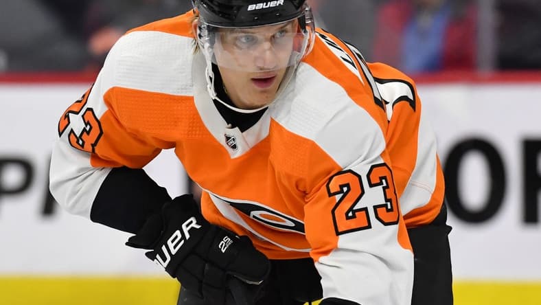 Feb 22, 2022; Philadelphia, Pennsylvania, USA; Philadelphia Flyers left wing Oskar Lindblom (23) against the St. Louis Blues at Wells Fargo Center. Mandatory Credit: Eric Hartline-USA TODAY Sports