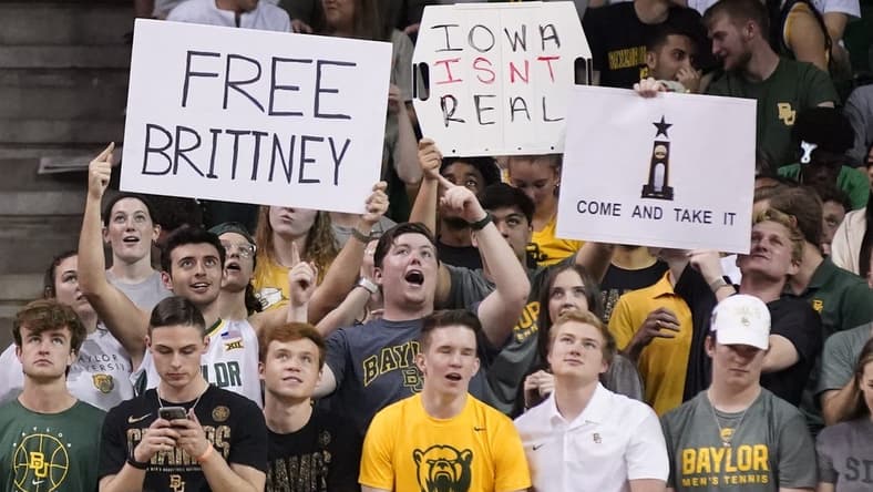 Mar 5, 2022; Waco, Texas, USA; The Baylor Student section hold ups a Free Brittney sign for Brittney Griner as she is currently being detain in Russia, during the first half of a game against the Iowa State Cyclones at Ferrell Center. Mandatory Credit: Raymond Carlin III-USA TODAY Sports