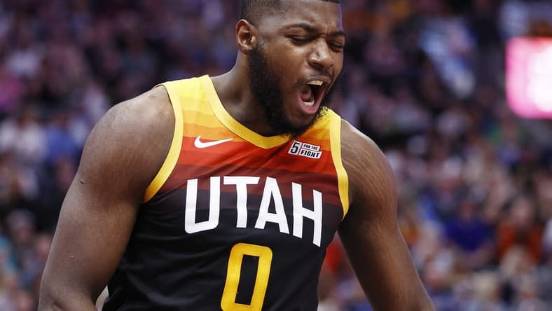 Mar 18, 2022; Salt Lake City, Utah, USA; Utah Jazz forward Eric Paschall (0) reacts after a foul and a basket in the second quarter against the LA Clippers at Vivint Arena. Mandatory Credit: Jeffrey Swinger-USA TODAY Sports