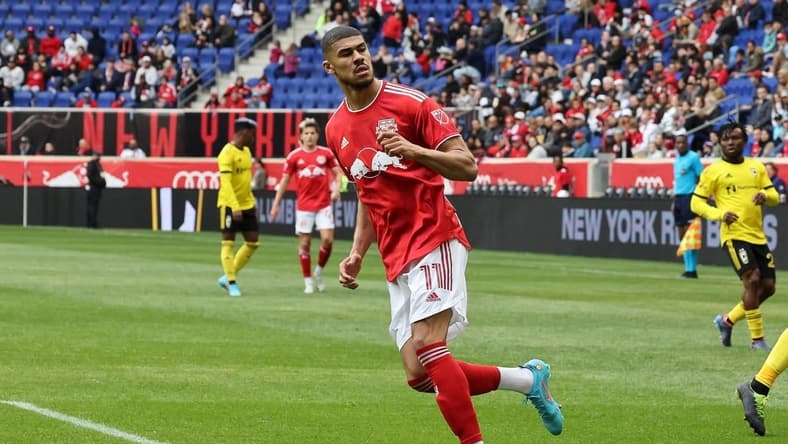 Mar 20, 2022; Harrison, New Jersey, USA; New York Red Bulls forward Ashley Fletcher (11) in action during the second half against the Columbus Crew at Red Bull Arena. Mandatory Credit: Vincent Carchietta-USA TODAY Sports