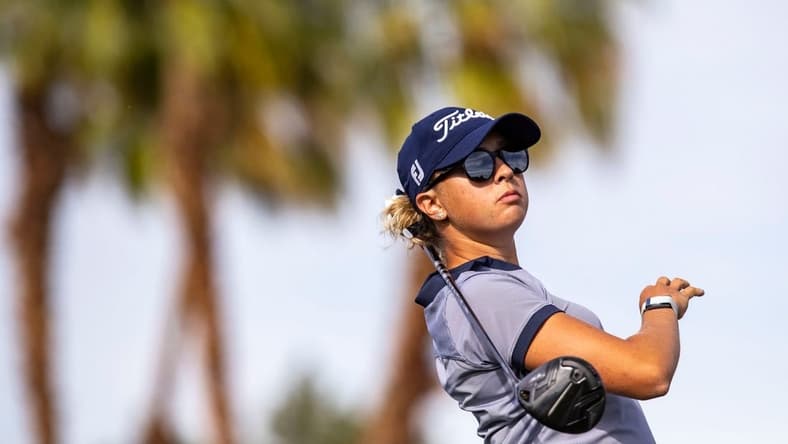 Pauline Roussin-Bouchard of France tees off on 11 at Mission Hills Country Club in Rancho Mirage, Calif., Thursday, March 31, 2022.
