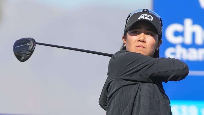 Danielle Kang tees off on the 9th hole during the second round of the Chevron Championship at Mission Hills Country Club in Rancho Mirage, Calif., April 1, 2022.

Chevron Championship Friday 17