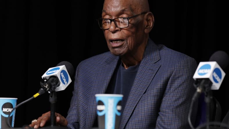 Apr 2, 2022; New Orleans, LA, USA; Naismith Memorial Basketball Hall of Fame inductee and former NBA official Hugh Evans speaks during a press conference at Caesars Superdome. Mandatory Credit: Stephen Lew-USA TODAY Sports