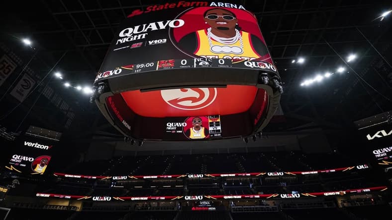 Apr 2, 2022; Atlanta, Georgia, USA; A general view of the arena and scoreboard on Quavo night prior to the game between the Brooklyn Nets against the Atlanta Hawks at State Farm Arena. Mandatory Credit: Dale Zanine-USA TODAY Sports