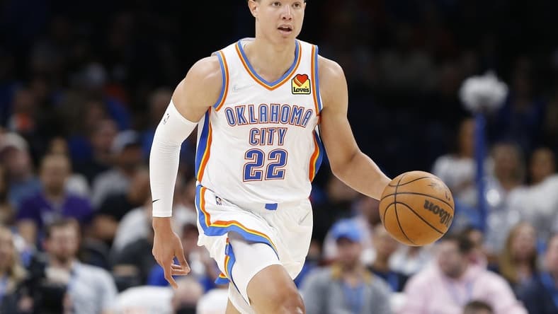 Apr 5, 2022; Oklahoma City, Oklahoma, USA; Oklahoma City Thunder forward Isaiah Roby (22) dribbles the ball down the court against the Portland Trail Blazers during the second half at Paycom Center. Oklahoma City won 98-94. Mandatory Credit: Alonzo Adams-USA TODAY Sports