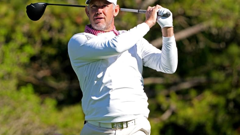 Apr 8, 2022; Augusta, Georgia, USA; Lee Westwood plays his shot from the fifth tee during the second round of The Masters golf tournament. Mandatory Credit: Kyle Terada-USA TODAY Sports