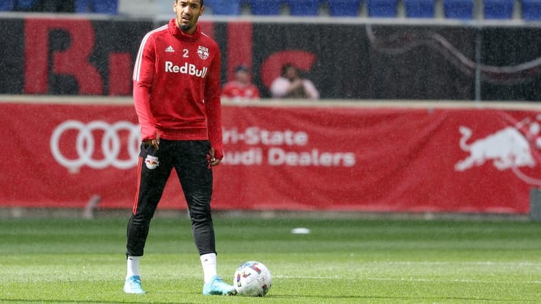Apr 9, 2022; Harrison, New Jersey, USA; New York Red Bulls defender Lucas Monzon (2) warms up before the game against the CF Montreal at Red Bull Arena. Mandatory Credit: Vincent Carchietta-USA TODAY Sports