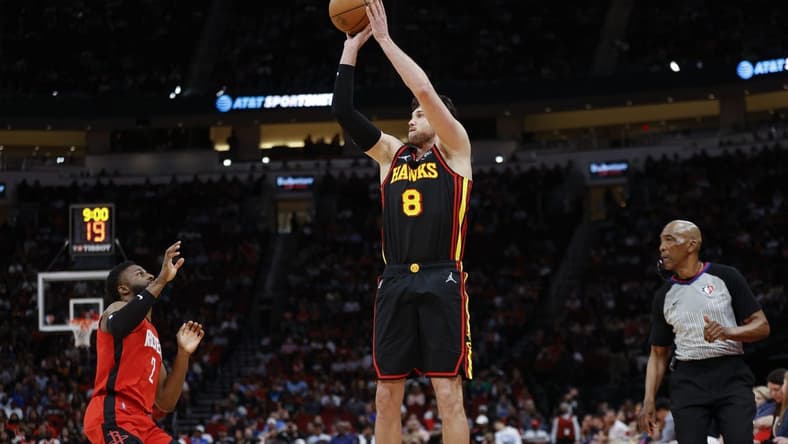 Apr 10, 2022; Houston, Texas, USA; Atlanta Hawks forward Danilo Gallinari (8) shoots the ball as Houston Rockets forward David Nwaba (2) defends during the fourth quarter at Toyota Center. Mandatory Credit: Troy Taormina-USA TODAY Sports