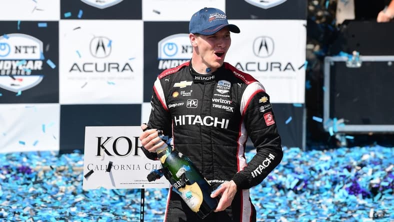 Apr 10, 2022; Long Beach, California, USA; Team Penske driver Josef Newgarden (2) of United States celebrates his victory of the Grand Prix of Long Beach at Long Beach Street Circuit. Mandatory Credit: Gary A. Vasquez-USA TODAY Sports