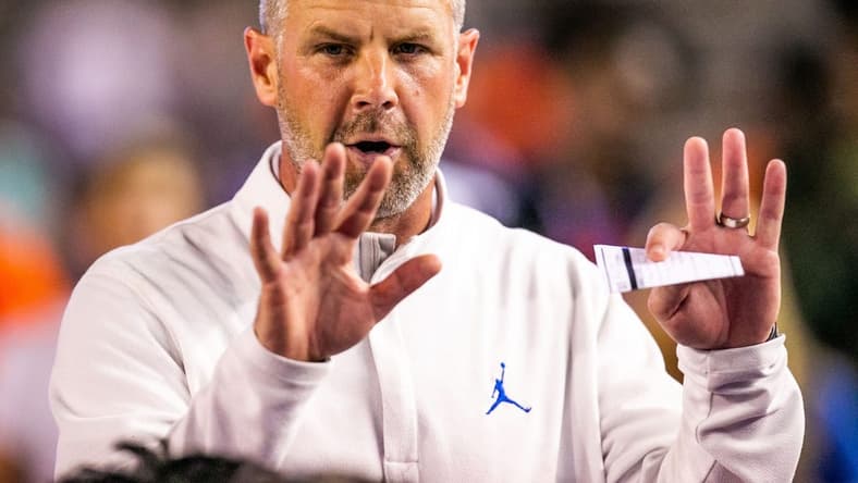 Florida Gators head coach Billy Napier thanks his team for a good scrimmage after Blue beat Orange 34-0 as the Florida Gators scrimmaged themselves during the annual Orange and Blue spring game at Ben Hill Griffin Stadium in Gainesville, FL, Thursday afternoon, April 14, 2022. [Doug Engle/Ocala Star Banner]2022

Oca Orangeandbluegame