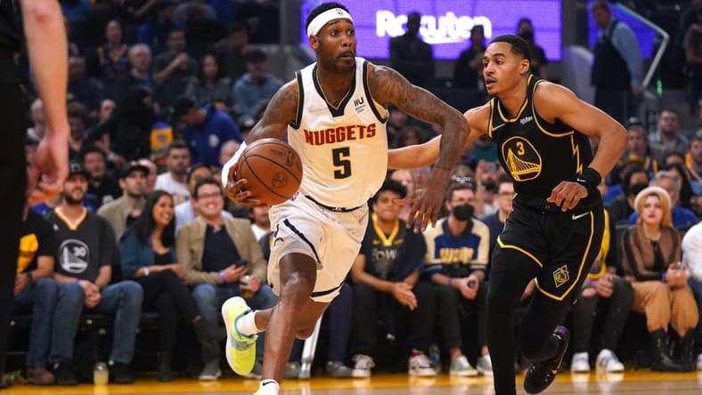 Apr 16, 2022; San Francisco, California, USA; Denver Nuggets guard Will Barton (5) dribbles against Golden State Warriors guard Jordan Poole (3) in the first quarter during game one of the first round for the 2022 NBA playoffs at the Chase Center. Mandatory Credit: Cary Edmondson-USA TODAY Sports