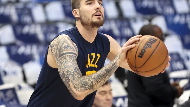 Apr 18, 2022; Dallas, Texas, USA; Utah Jazz forward Juancho Hernangomez (41) warms up before game two of the first round for the 2022 NBA playoffs against the Dallas Mavericks at American Airlines Center. Mandatory Credit: Kevin Jairaj-USA TODAY Sports