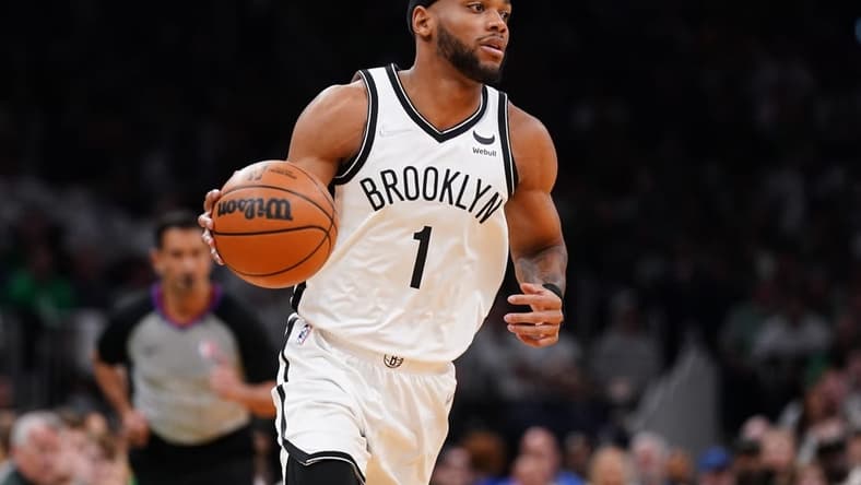 Apr 17, 2022; Boston, Massachusetts, USA; Brooklyn Nets forward Bruce Brown (1) returns the ball against the Boston Celtics in the first quarter during game one of the first round for the 2022 NBA playoffs at TD Garden. Mandatory Credit: David Butler II-USA TODAY Sports