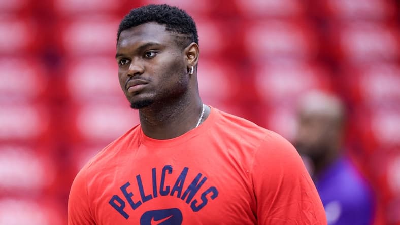 Apr 28, 2022; New Orleans, Louisiana, USA;   New Orleans Pelicans forward Zion Williamson (1) during warm ups before game six against the Phoenix Suns of the first round for the 2022 NBA playoffs at Smoothie King Center. Mandatory Credit: Stephen Lew-USA TODAY Sports