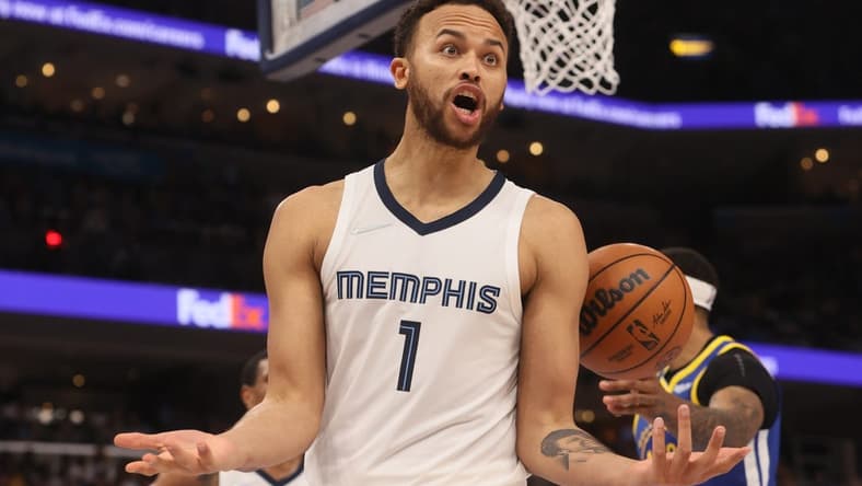 May 1, 2022; Memphis, Tennessee, USA; Memphis Grizzlies forward Kyle Anderson (1) looks to the referee for a call as they play the Golden State Warriors during game one of the second round for the 2022 NBA playoffs at FedExForum. Mandatory Credit: Joe Rondone-USA TODAY Sports