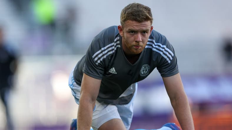 May 10, 2022; Orlando, Florida, USA;  Philadelphia Union defender Stuart Findlay (4) warms up prior to a match against Orlando City at Exploria Stadium. Mandatory Credit: Nathan Ray Seebeck-USA TODAY Sports