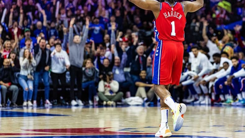 May 8, 2022; Philadelphia, Pennsylvania, USA; Philadelphia 76ers guard James Harden (1) reacts to his three pointer against the Miami Heat during the fourth quarter in game four of the second round for the 2022 NBA playoffs at Wells Fargo Center. Mandatory Credit: Bill Streicher-USA TODAY Sports