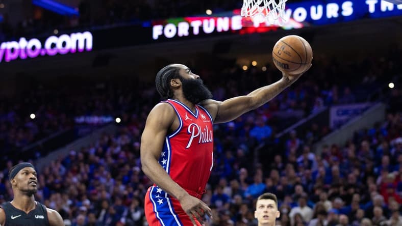 May 8, 2022; Philadelphia, Pennsylvania, USA; Philadelphia 76ers guard James Harden (1) drives for a score against the Miami Heat during the fourth quarter in game four of the second round for the 2022 NBA playoffs at Wells Fargo Center. Mandatory Credit: Bill Streicher-USA TODAY Sports