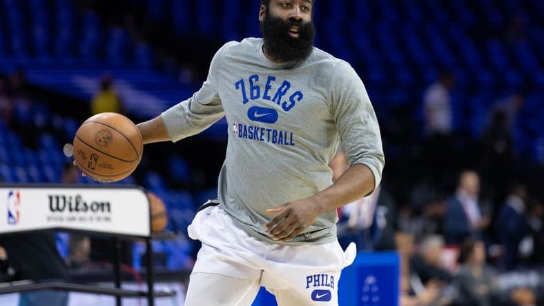 May 12, 2022; Philadelphia, Pennsylvania, USA; Philadelphia 76ers guard James Harden warms up before action against the Miami Heat in game six of the second round of the 2022 NBA playoffs at Wells Fargo Center. Mandatory Credit: Bill Streicher-USA TODAY Sports