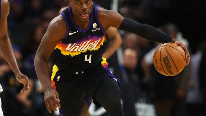 May 15, 2022; Phoenix, Arizona, USA; Phoenix Suns guard Aaron Holiday against the Dallas Mavericks in game seven of the second round for the 2022 NBA playoffs at Footprint Center. Mandatory Credit: Mark J. Rebilas-USA TODAY Sports