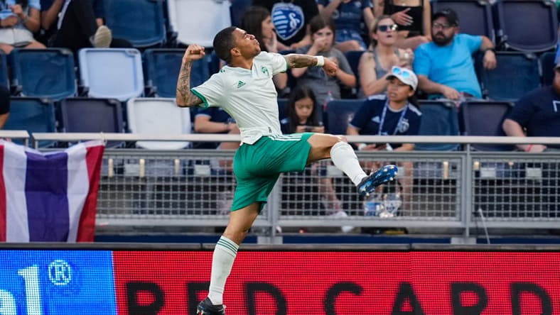 May 18, 2022; Kansas City, Kansas, USA; Colorado Rapids defender Lucas Esteves (66) celebrates after scoring a goal against Sporting Kansas City during the first half at Children's Mercy Park. Mandatory Credit: Jay Biggerstaff-USA TODAY Sports