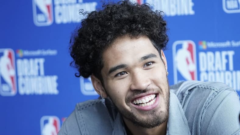May 19, 2022; Chicago, IL, USA; Johnny Juzang talks to the media during the 2022 NBA Draft Combine at Wintrust Arena. Mandatory Credit: David Banks-USA TODAY Sports