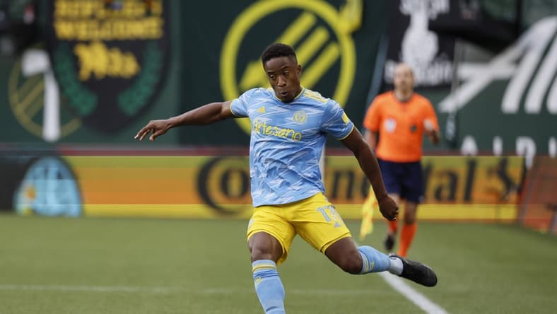 May 22, 2022; Portland, Oregon, USA; Philadelphia Union forward Sergio Santos (17) kicks the ball against the Portland Timbers during the first half at Providence Park. Mandatory Credit: Soobum Im-USA TODAY Sports
