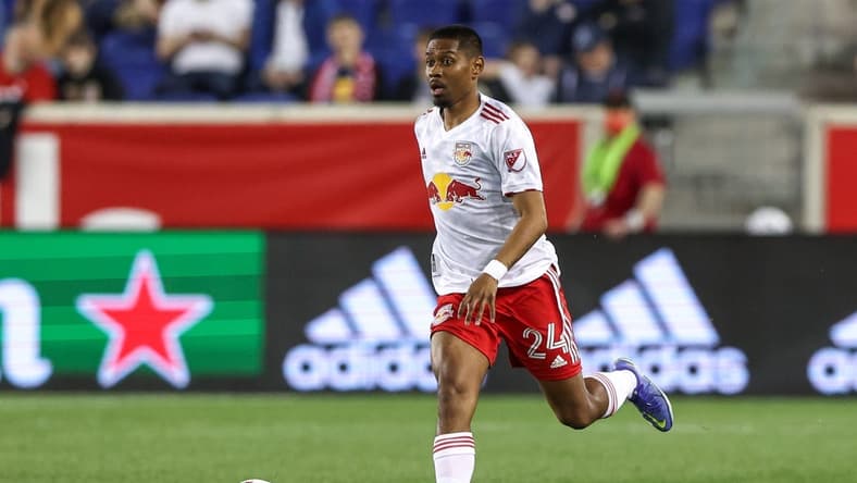 May 18, 2022; Harrison, New Jersey, USA; New York Red Bulls defender Jason Pendant (24) controls the ball against the Chicago Fire during the second half at Red Bull Arena. Mandatory Credit: Vincent Carchietta-USA TODAY Sports