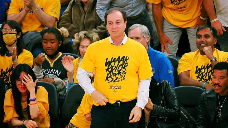 May 26, 2022; San Francisco, California, USA; Joe Lacob, co-executive chairman and CEO of the Golden State Warriors, watches his team play against the Dallas Mavericks during the second half of game five of the 2022 western conference finals at Chase Center. Mandatory Credit: Kelley L Cox-USA TODAY Sports