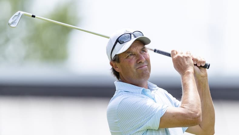 May 29, 2022; Benton Harbor, Michigan, USA; Stephen Ames tees off on the second hole during the final round of the 2022 KitchenAid Senior PGA Championship at Harbor Shores. Mandatory Credit: Raj Mehta-USA TODAY Sports