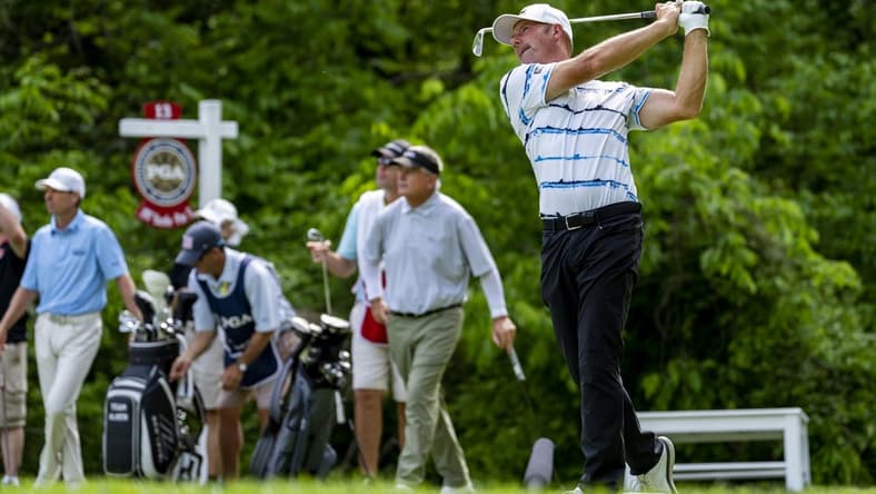 May 29, 2022; Benton Harbor, Michigan, USA; Alex Cejka hits his tee shot on the thirteenth hole during the final round of the 2022 KitchenAid Senior PGA Championship at Harbor Shores. Mandatory Credit: Raj Mehta-USA TODAY Sports