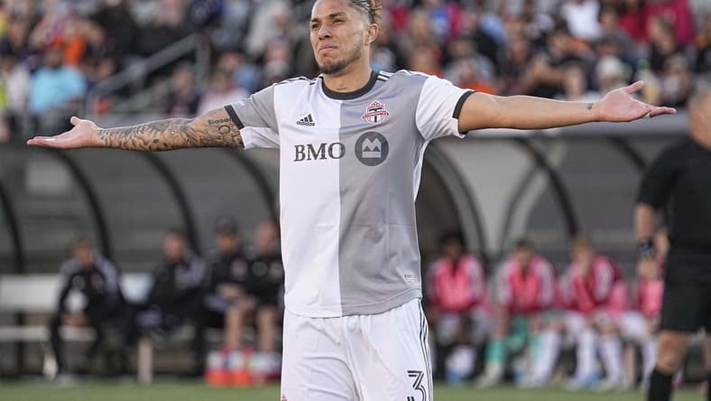 Jun 4, 2022; Toronto, Ontario, Canada; Toronto FC defender Carlos Salcedo (3) reacts after a call during the first half against Forge FC at Tim Hortons Field. Mandatory Credit: John E. Sokolowski-USA TODAY Sports