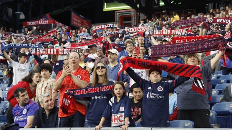 May 28, 2022; Foxborough, Massachusetts, USA; New England Revolution fans show their colors before the game between the New England Revolution and the Philadelphia Union at Gillette Stadium. Mandatory Credit: Winslow Townson-USA TODAY Sports