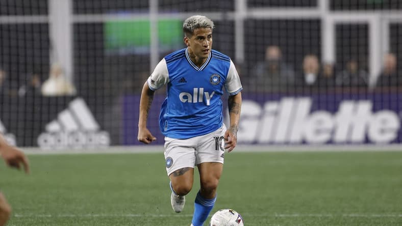 Apr 16, 2022; Foxborough, Massachusetts, USA; Charlotte FC midfielder Cristian Ortiz (10) during the second half against the New England Revolution at Gillette Stadium. Mandatory Credit: Winslow Townson-USA TODAY Sports