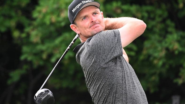 Jun 12, 2022; Etobicoke, Ontario, CAN;  Justin Rose hits his tee shot at the 17th hole during the final round of the RBC Canadian Open golf tournament. Mandatory Credit: Dan Hamilton-USA TODAY Sports