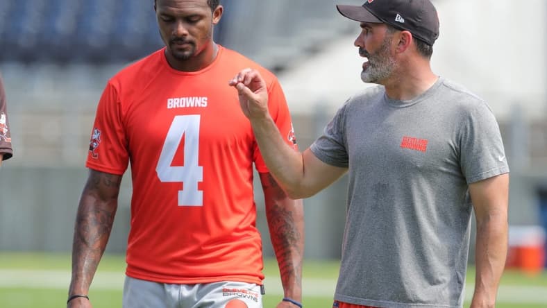 Cleveland Browns quarterback Deshaun Watson talks with head coach Kevin Stefanski after minicamp on Wednesday, June 15, 2022 in Canton, Ohio, at Tom Benson Hall of Fame Stadium.
Browns Hof 4