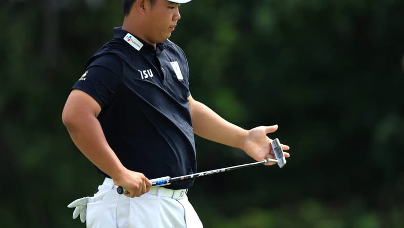 Jun 17, 2022; Brookline, Massachusetts, USA; Joohyung Kim lines up a putt during the second round of the U.S. Open golf tournament. Mandatory Credit: Aaron Doster-USA TODAY Sports