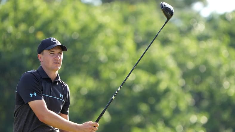 Jun 17, 2022; Brookline, Massachusetts, USA; Jordan Spieth watches his shot from the eighth tee during the second round of the U.S. Open golf tournament. Mandatory Credit: John David Mercer-USA TODAY Sports